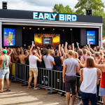 **

A vibrant music festival scene in Sweden. Focus on the "early bird" ticket booth with enthusiastic fans lined up, some holding VIP passes. Capture the excitement and anticipation using social media hashtags visible on screens in the background.

**